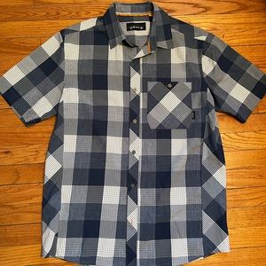 Orvis button down collared shirt plaid medium blue white
